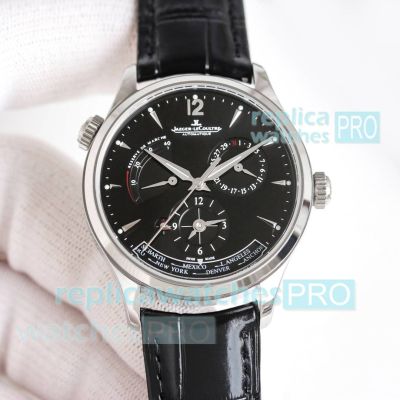 9F Factory Swiss Clone Jaeger-LeCoultre Master Geographic Watch Black Leather Strap 